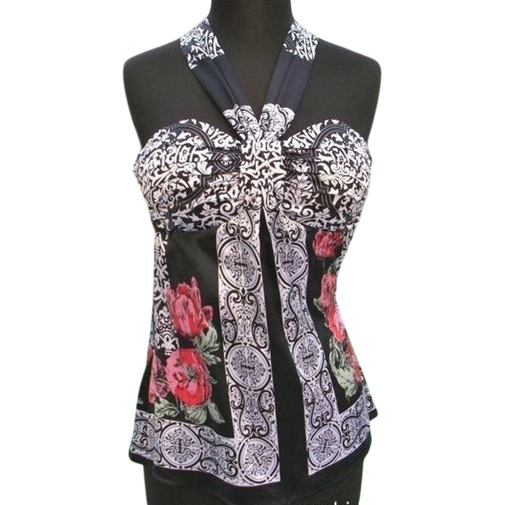 Cache Black White Silk Ruched Halter Top Built In Bra Side Zip Stretch $108 NWT